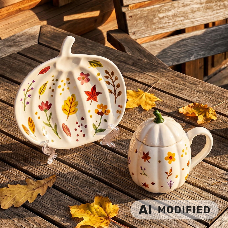 Plat décoratif en forme de citrouille et tasse sur une table en bois avec des feuilles d’automne.