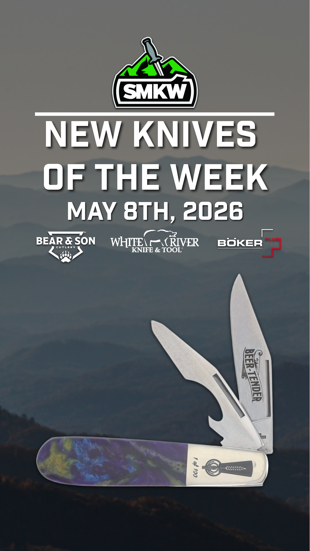 New knives promotion featuring brands and date, set against a mountain backdrop.