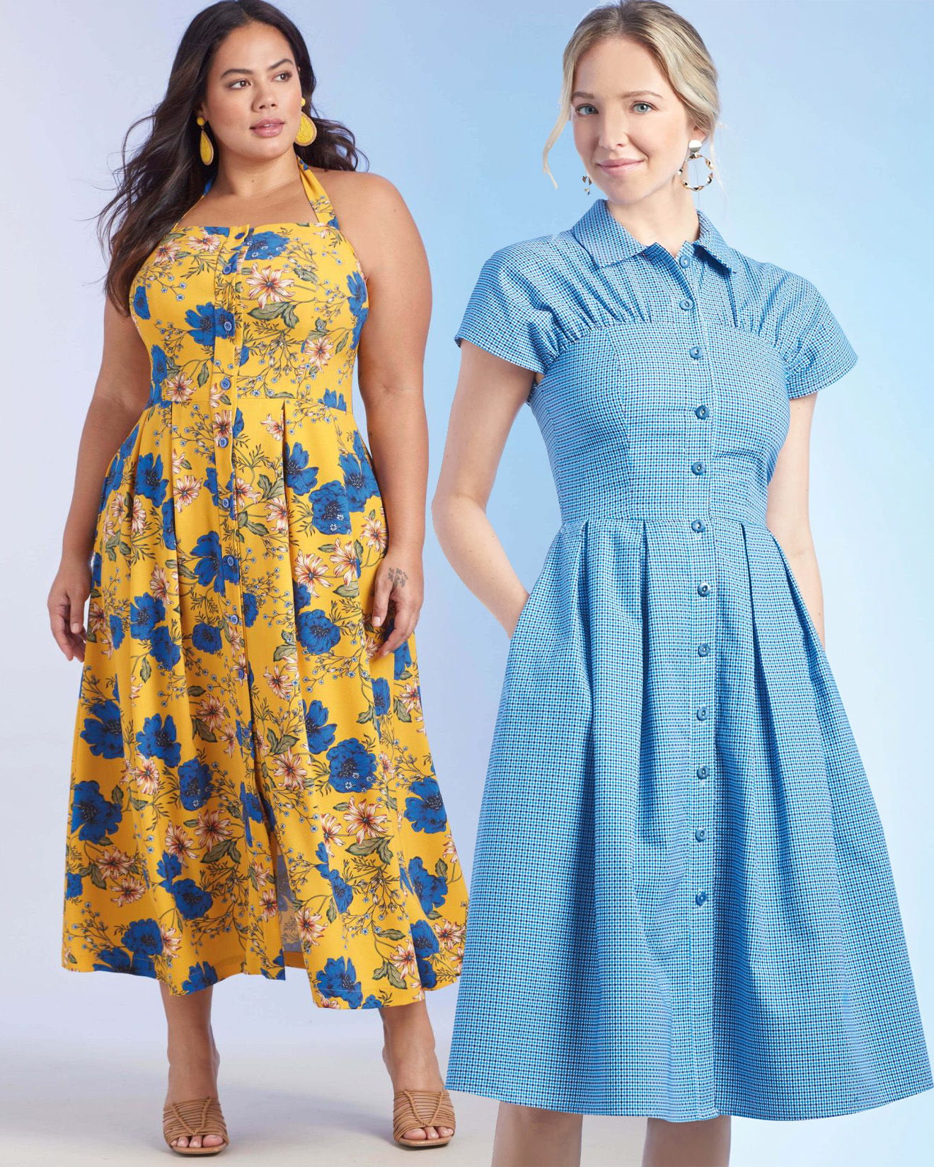 Two women wearing colorful dresses, one floral and one solid blue.