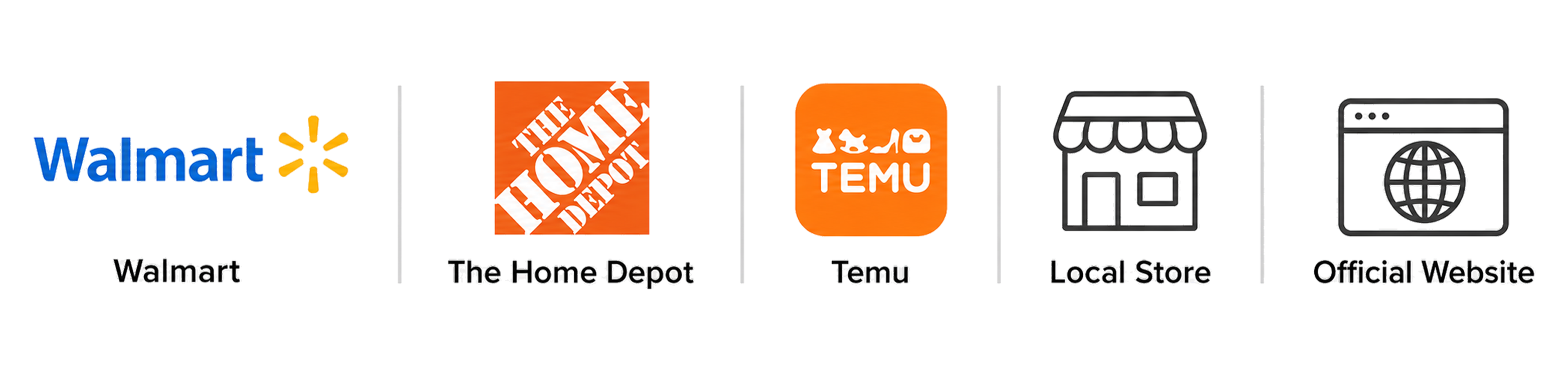 Logos of Walmart, Home Depot, Ace Hardware, and another store.