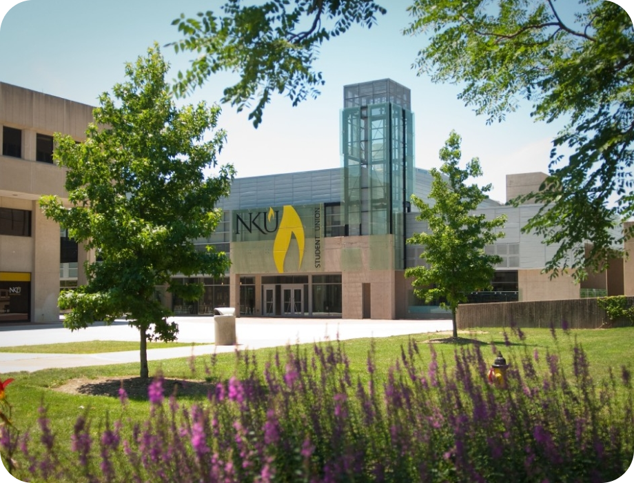 Modern building surrounded by trees and purple flowers on a sunny day.