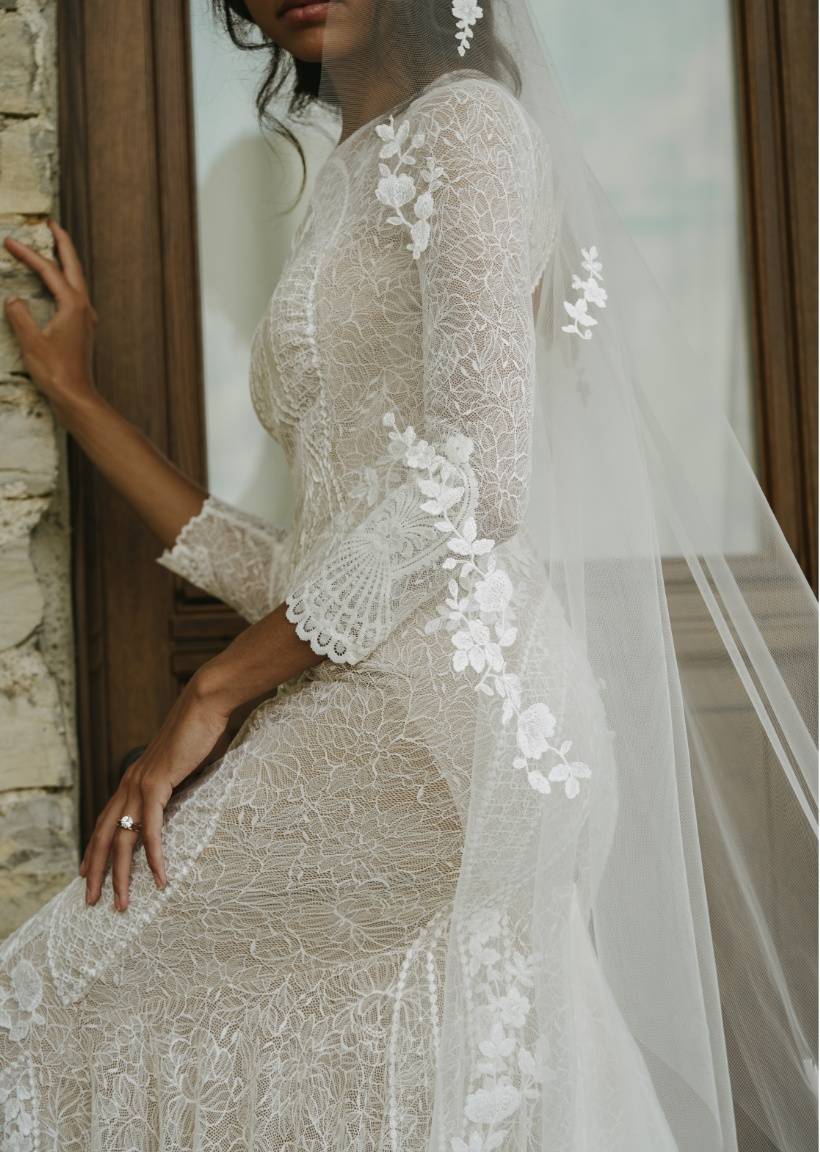 Detailing of Pierlot Gown and Veil