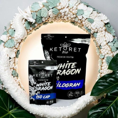 Two packages of KETORET White Dragon products displayed on a decorative background.