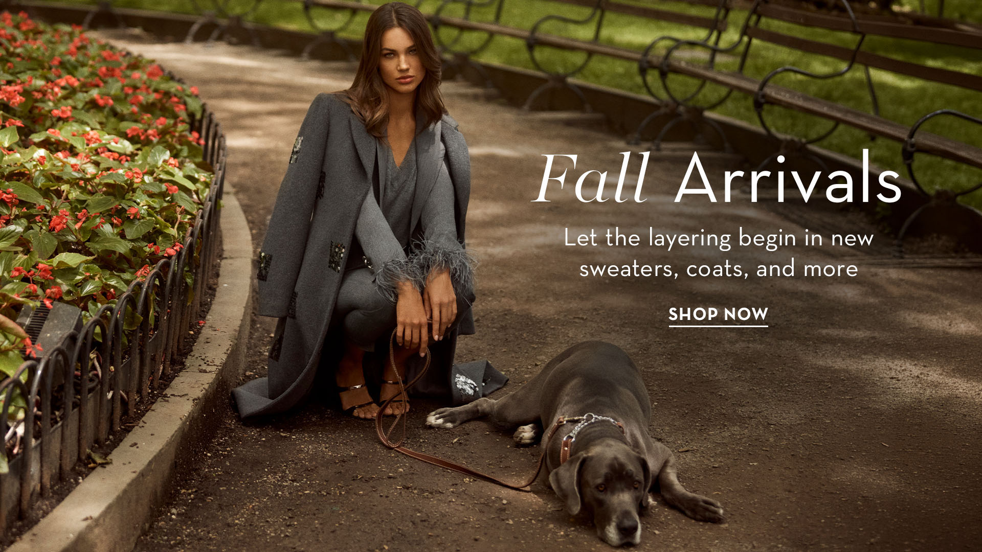 Woman in a park with a dog, promoting fall fashion arrivals.