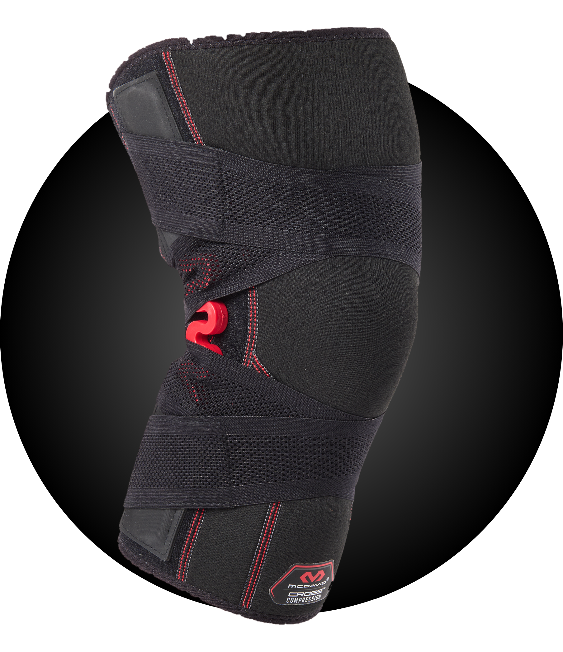 Knee brace with adjustable straps and padded support, shown against a dark background.