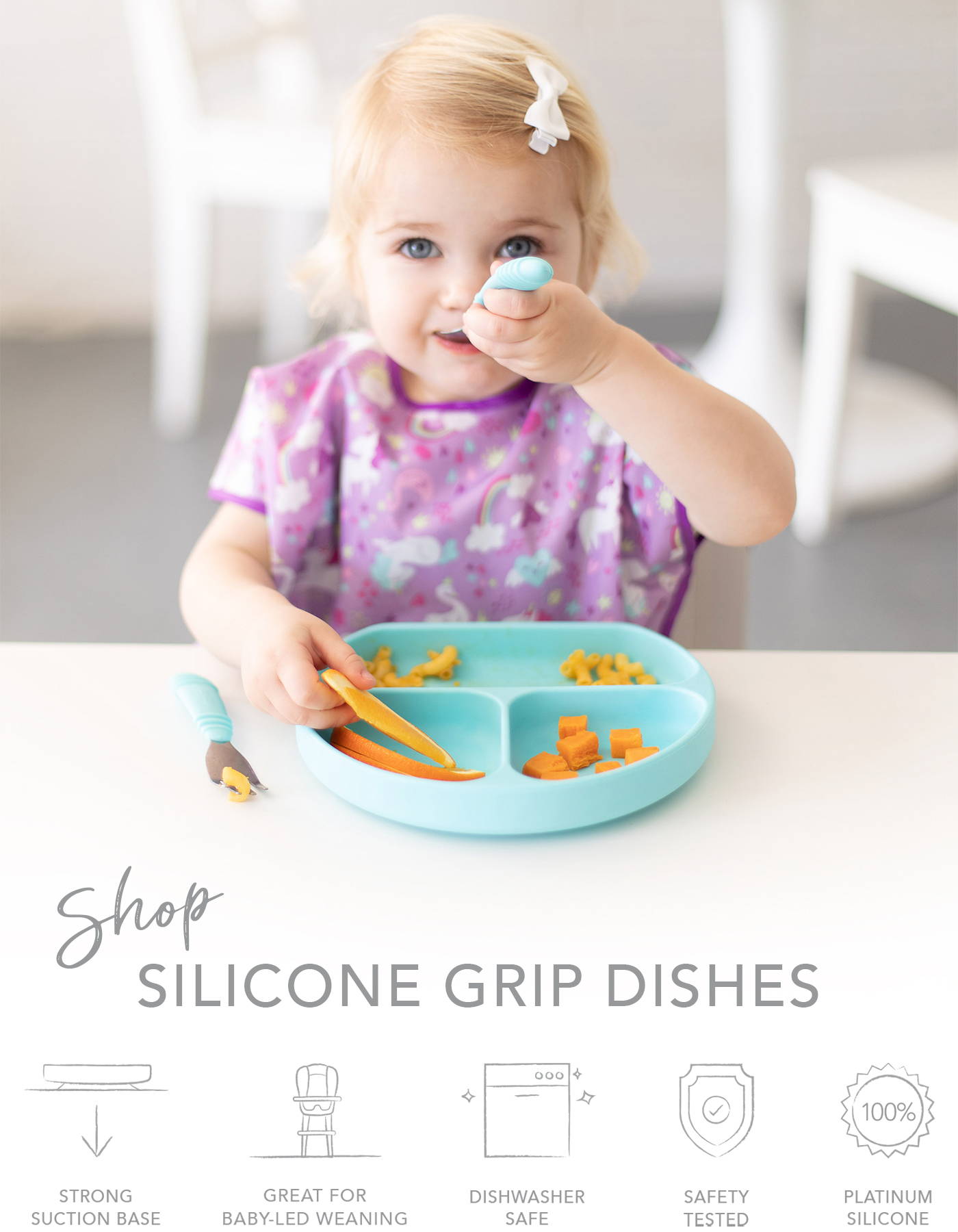 Gray Divided Plate Microwave Dishwasher Safe Suction Plate Baby Toddler Plate BPA Free Bumkins Silicone Grip Dish 