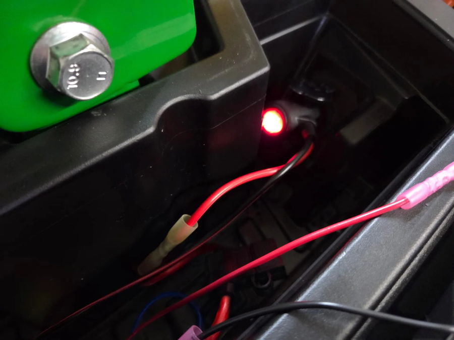 Illuminated red LED indicator crimp connectors red black wires green plastic housing John's 2025 John Deere Z530R Compact Electric horn electrical gallery photo 3