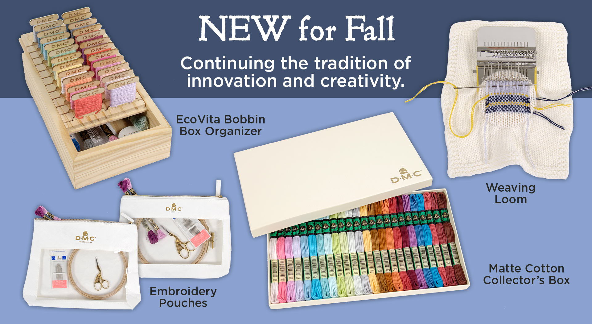 New crafting products for fall, featuring organizers, sewing tools, and colorful supplies.