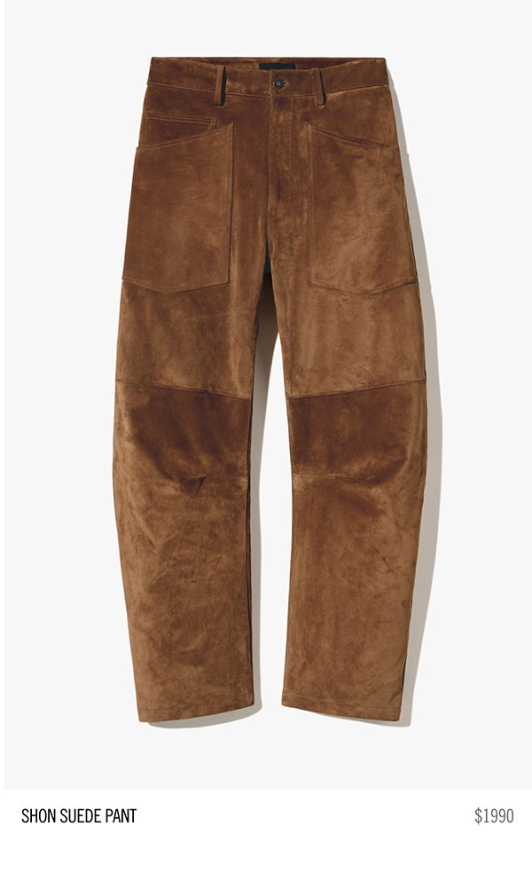 Brown suede pants displayed on a white background, priced at $199.00.
