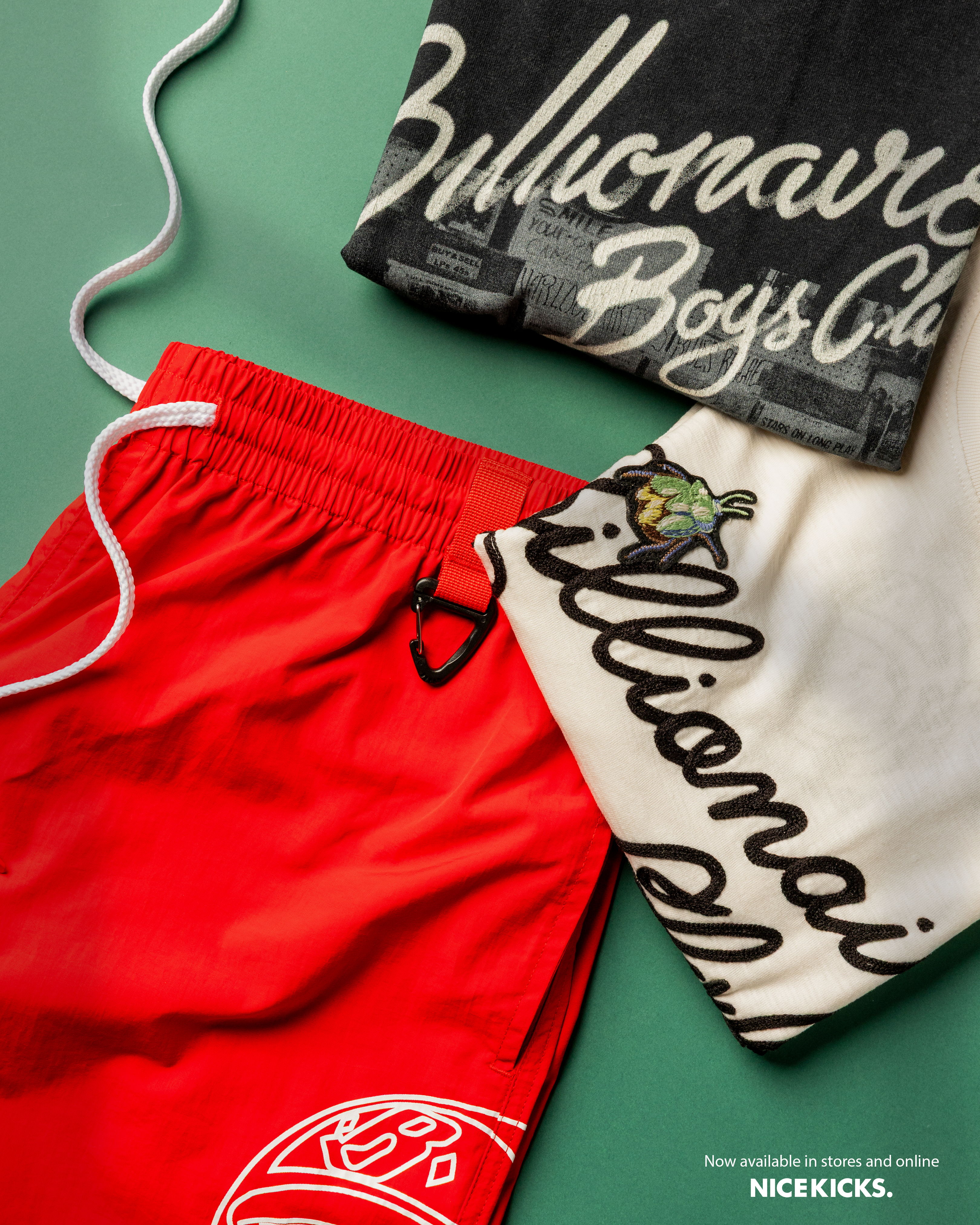 Clothing items including shorts and shirts featuring 