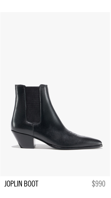 Black ankle boot with pointed toe and low heel.