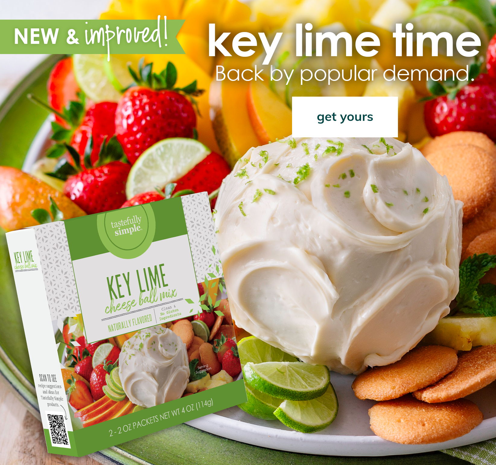 key lime cheese ball mix prepared surrounded by fruit on a plate | shop now
