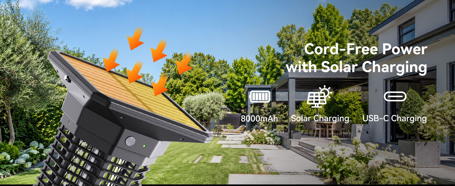 Solar-powered device providing cord-free power in a garden setting.