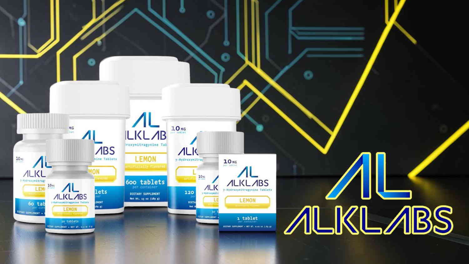 Bottles and packaging of ALKLABS products on a tech-inspired background.