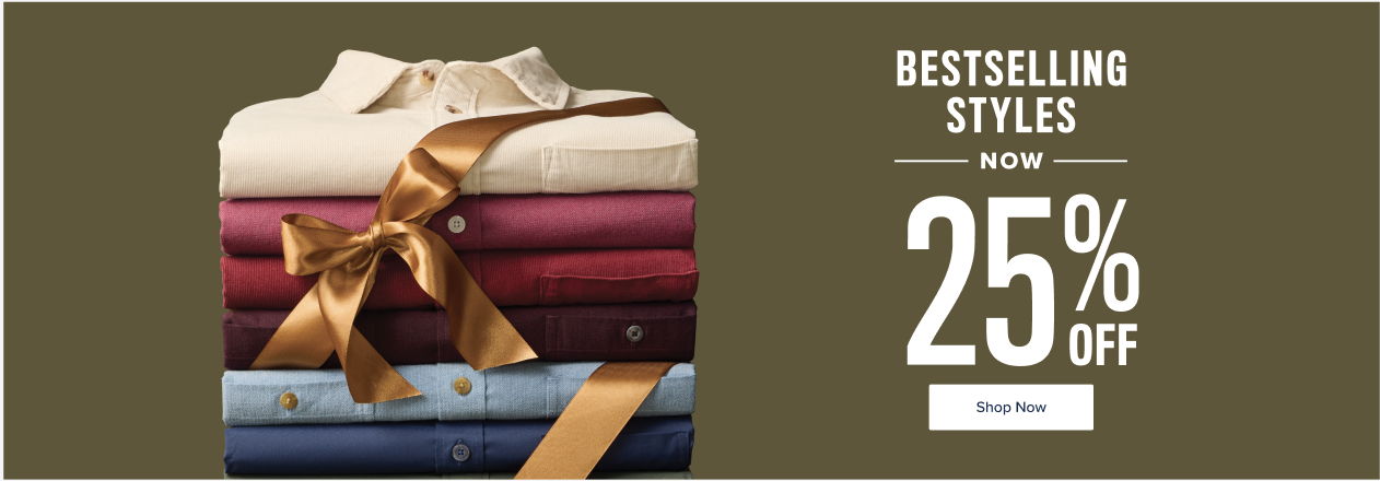 Stack of clothing with a ribbon, promoting 25% off bestselling styles.