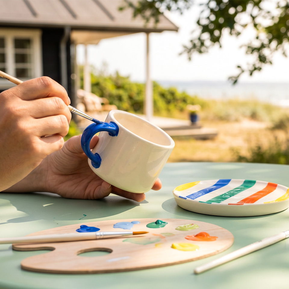 A person painting a cup with a color palette outdoors.