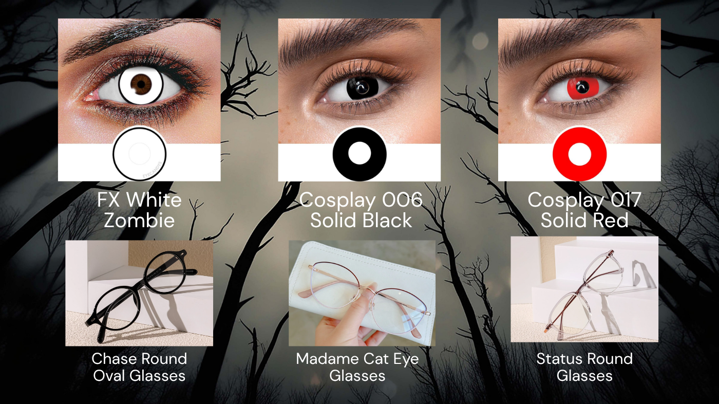 EyeCandys cosplay contact lenses paired with different styles of EyeCandys prescription reading glasses for cosplay and everyday wear