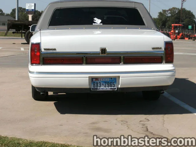 Close-up of Conductor's Special 228H train horn bells mounted on Lincoln Town Car HornBlasters gallery photo 3