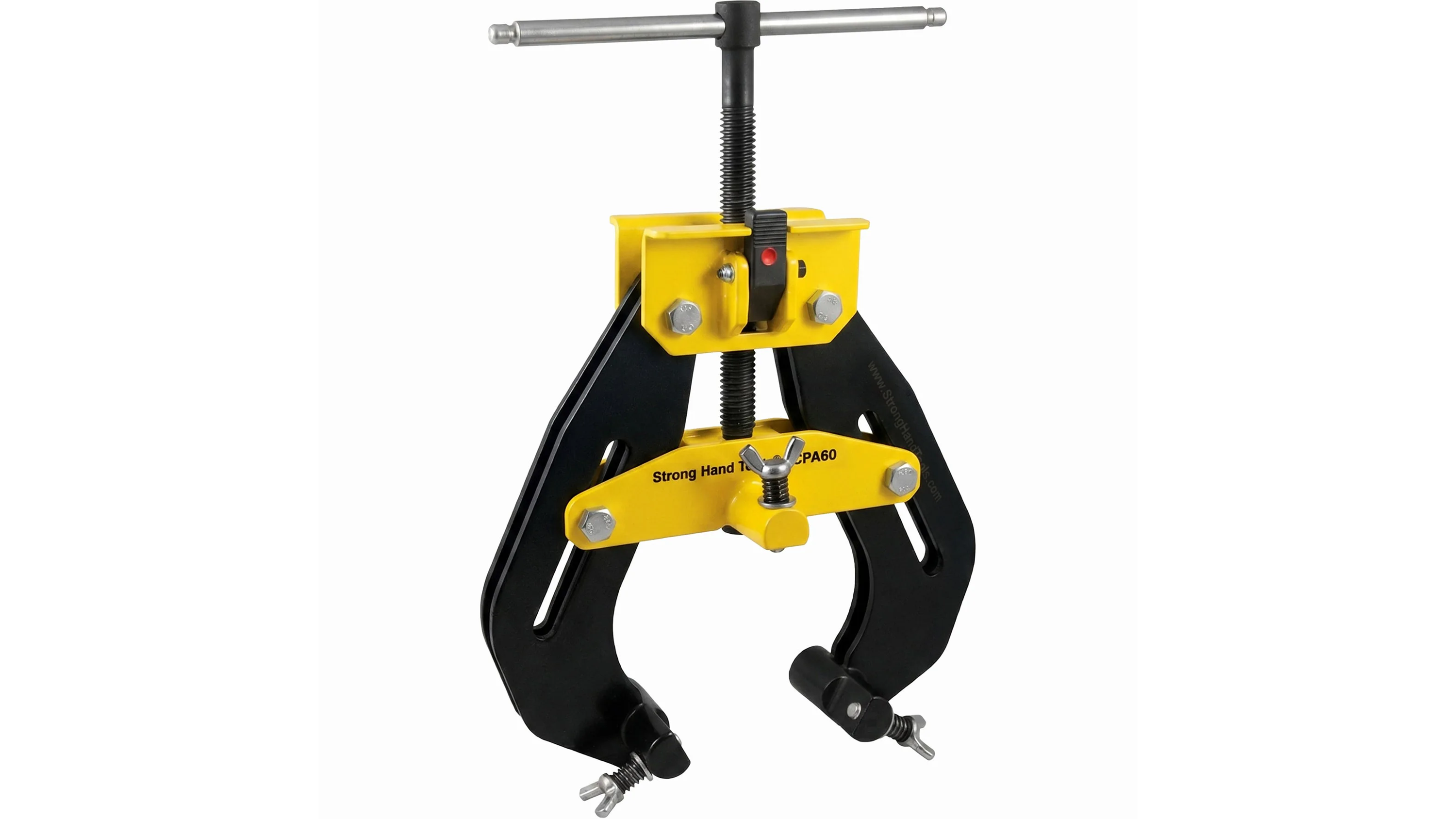 A mechanical puller tool with yellow and black components for removing parts.