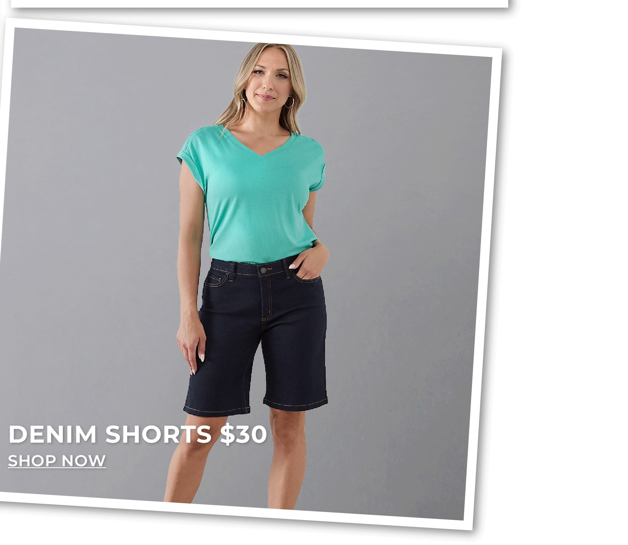 Woman in dark jeans shorts and teal t-shirt. Denim shorts $30 off