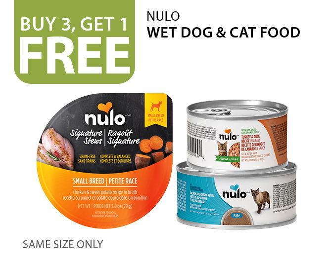 Buy 3, get 1 free Nulo Wet Dog & Cat Food. Same size only