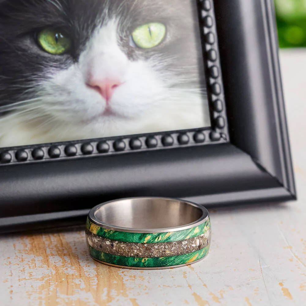 Cat memorial ring with green wood and ashes