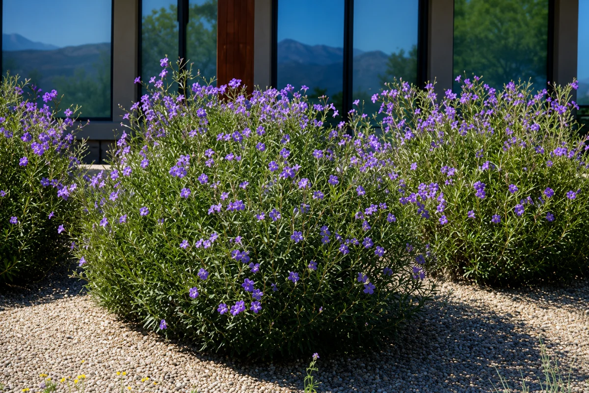 Desert Ruellia (Ruellia peninsularis) flowering with vibrant purple blooms in a gravel landscape, providing long-lasting color and drought tolerance in Southwestern gardens.