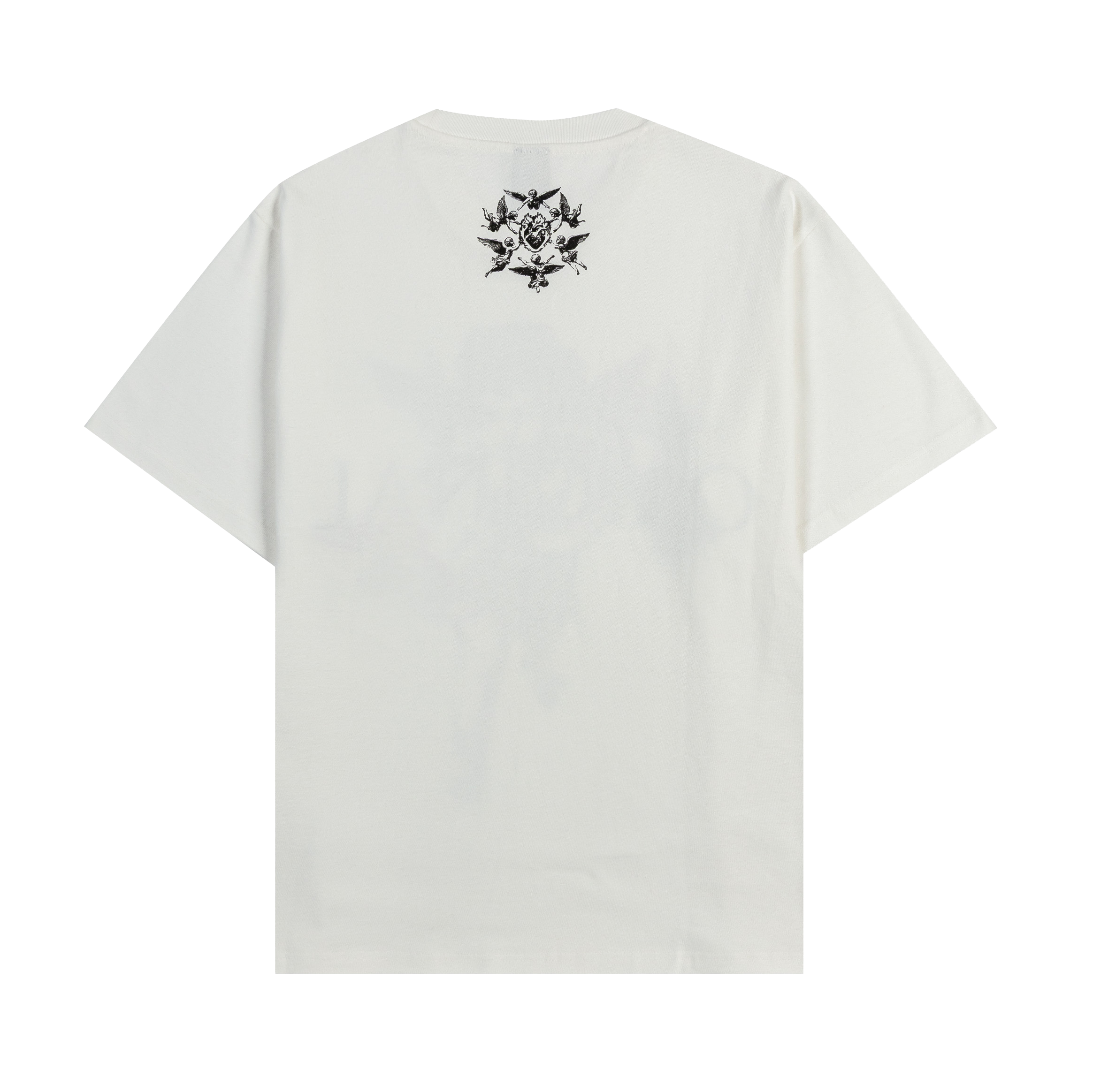 White t-shirt featuring an angel graphic and 