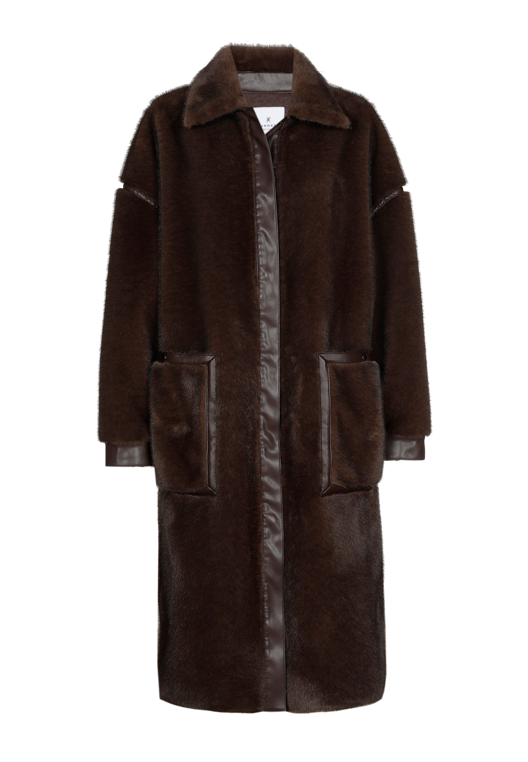 Brown faux fur coat with a collar and front pockets.