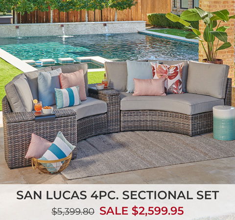 Outdoor sectional sofa set with cushions, promotional price displayed.