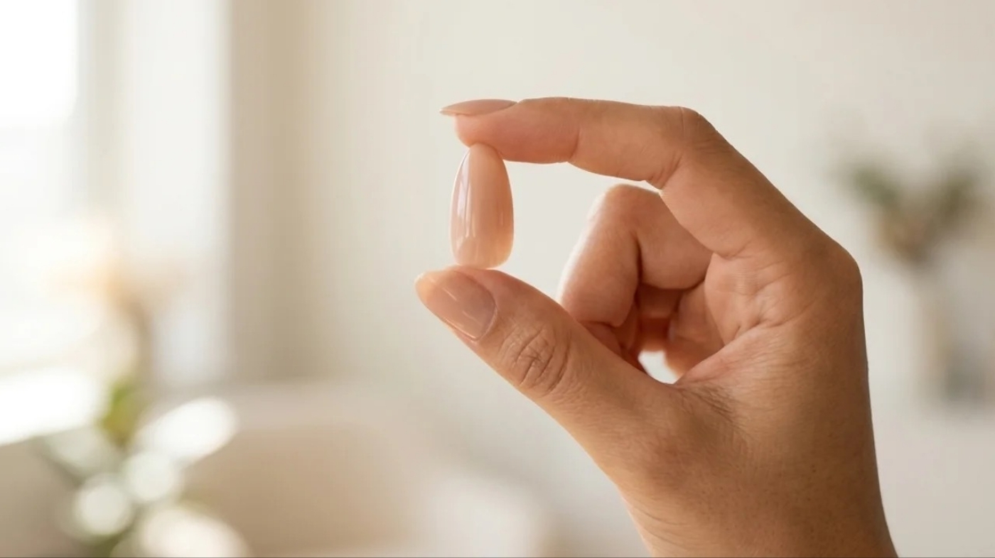 Holding an EyeCandys press-on nail up to natural light — a low-commitment alternative to dip powder after removal