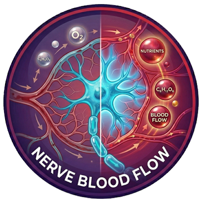 Illustration of nerve cells and blood flow, highlighting nutrients and oxygen.