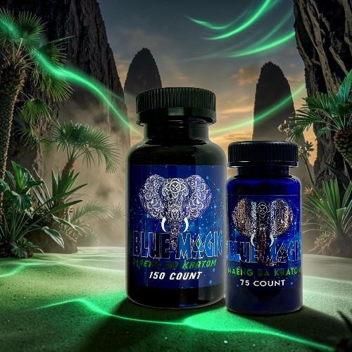 Two bottles of supplements with elephant designs in a mystical landscape.