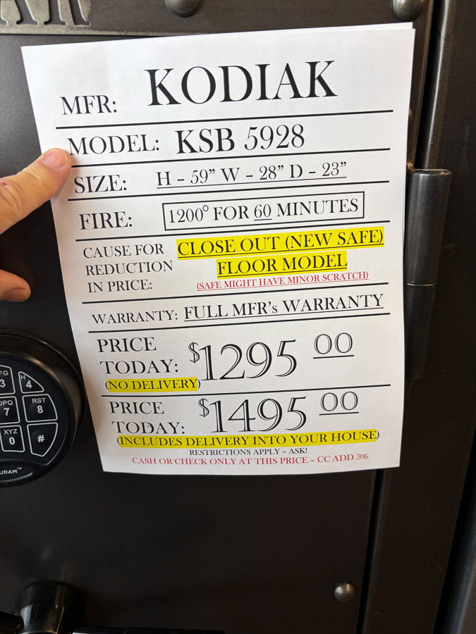 KODIAK CLOSEOUT gun safe exterior with sale price tag on door - SES spring cleaning sale