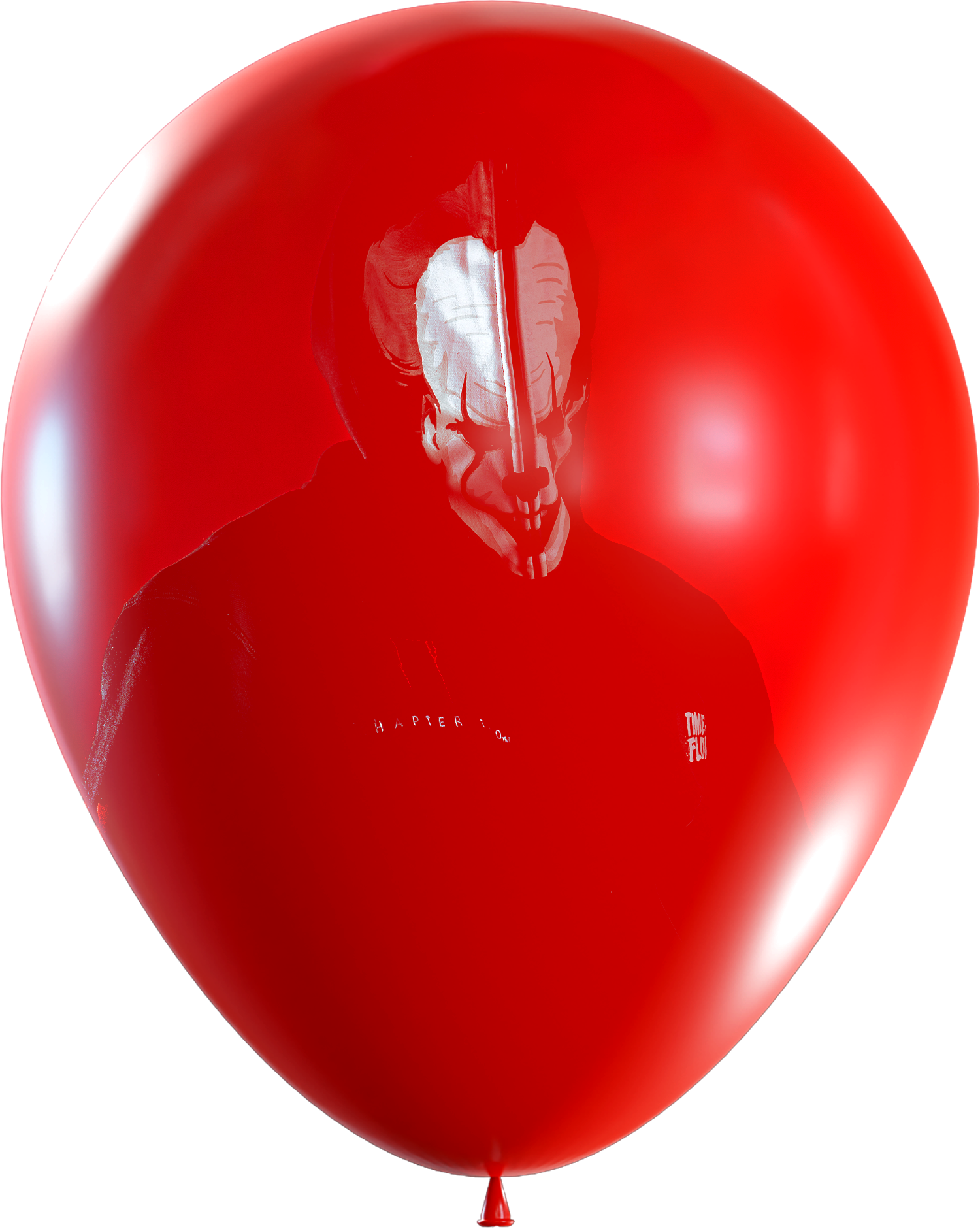 Red balloon featuring a masked figure's image.