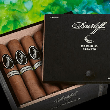 Davidoff Escurio cigars in their box with the lid open. Water vapor in the background.