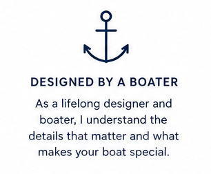 Anchor icon with text describing artwork created by a lifelong designer and boater who understands the details that make each boat unique and special.