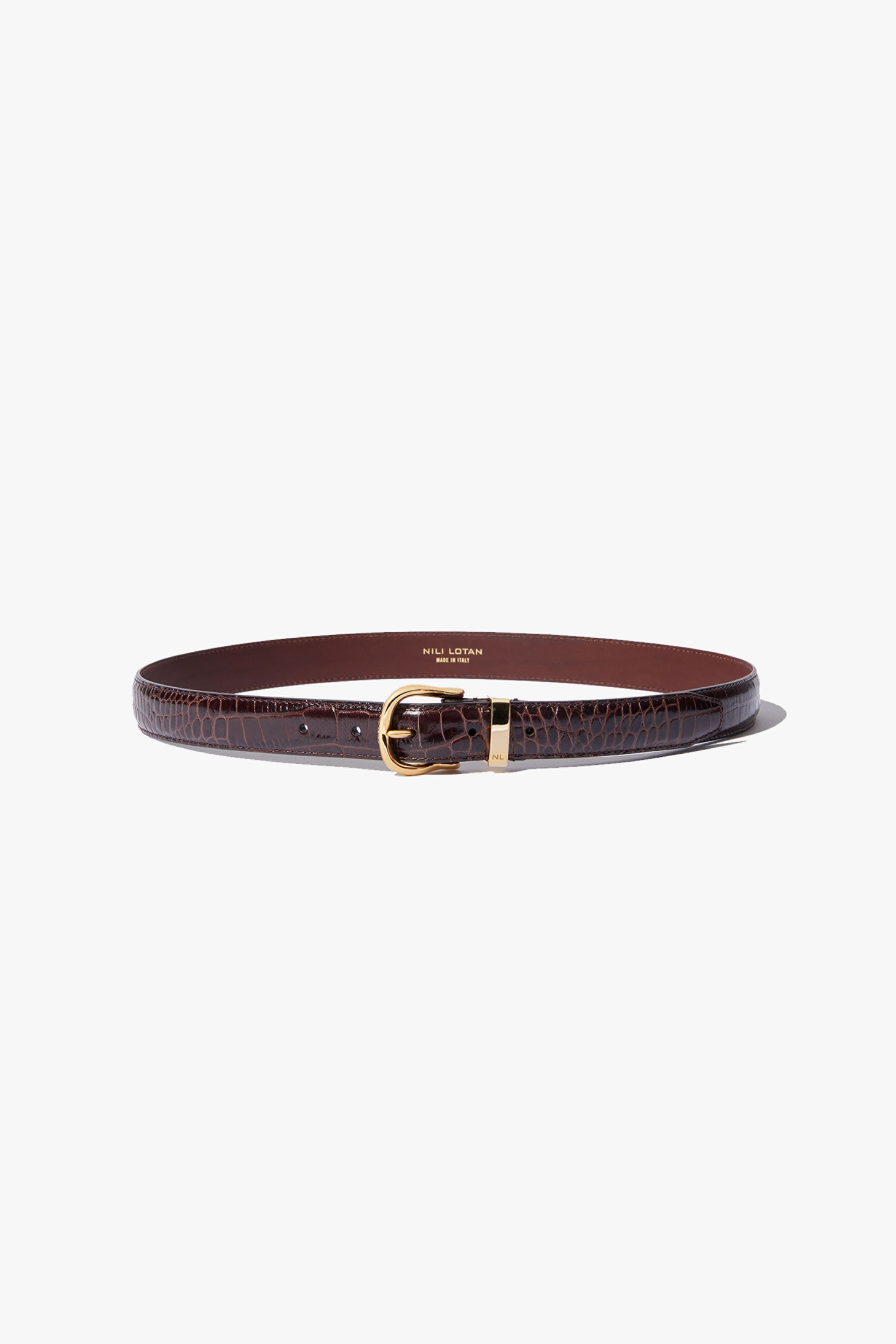 Brown leather belt with a gold buckle on a white background.
