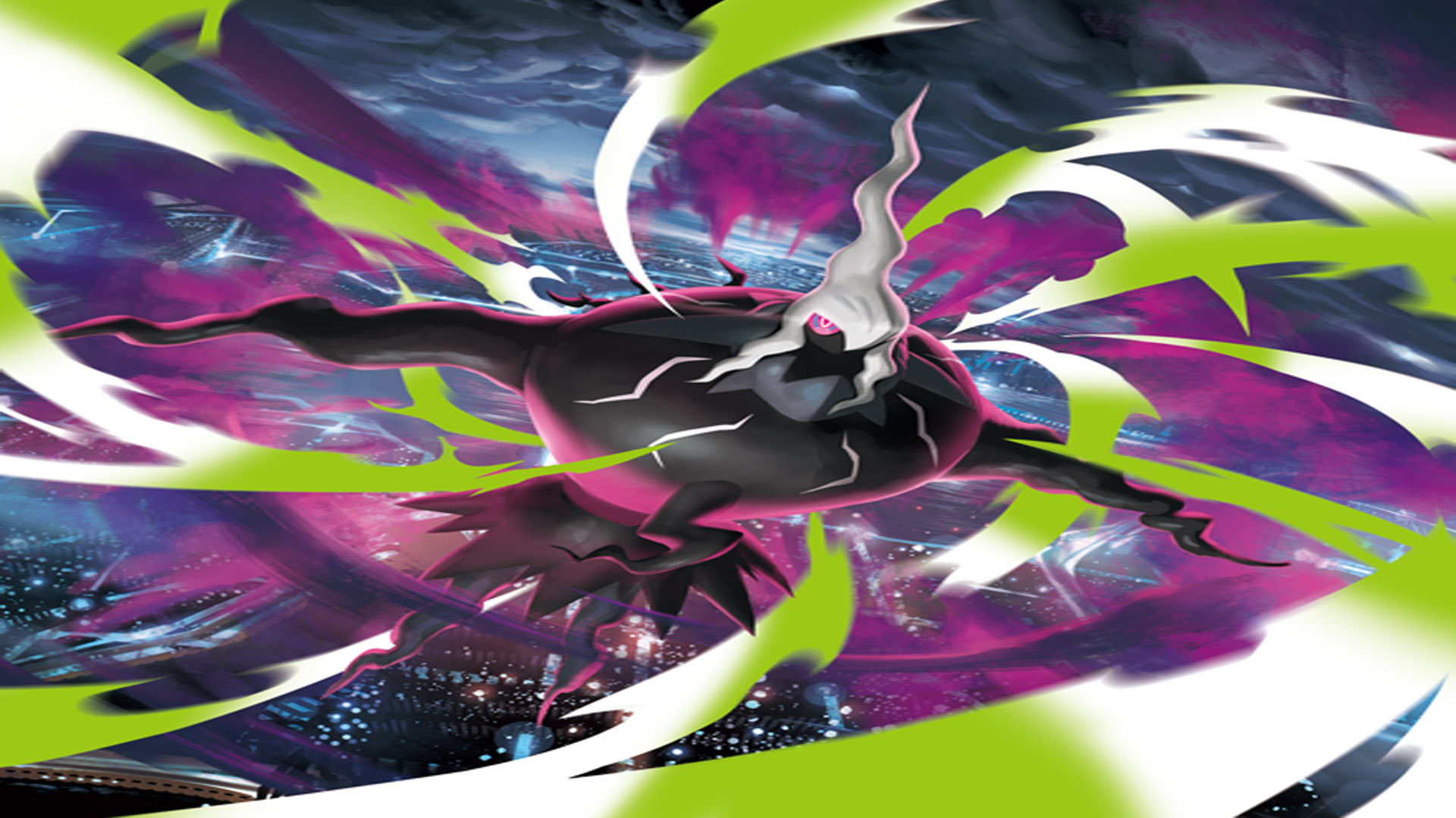 Mega Darkrai on some promotional artwork for the upcoming Pokémon TCG Pitch Black Set