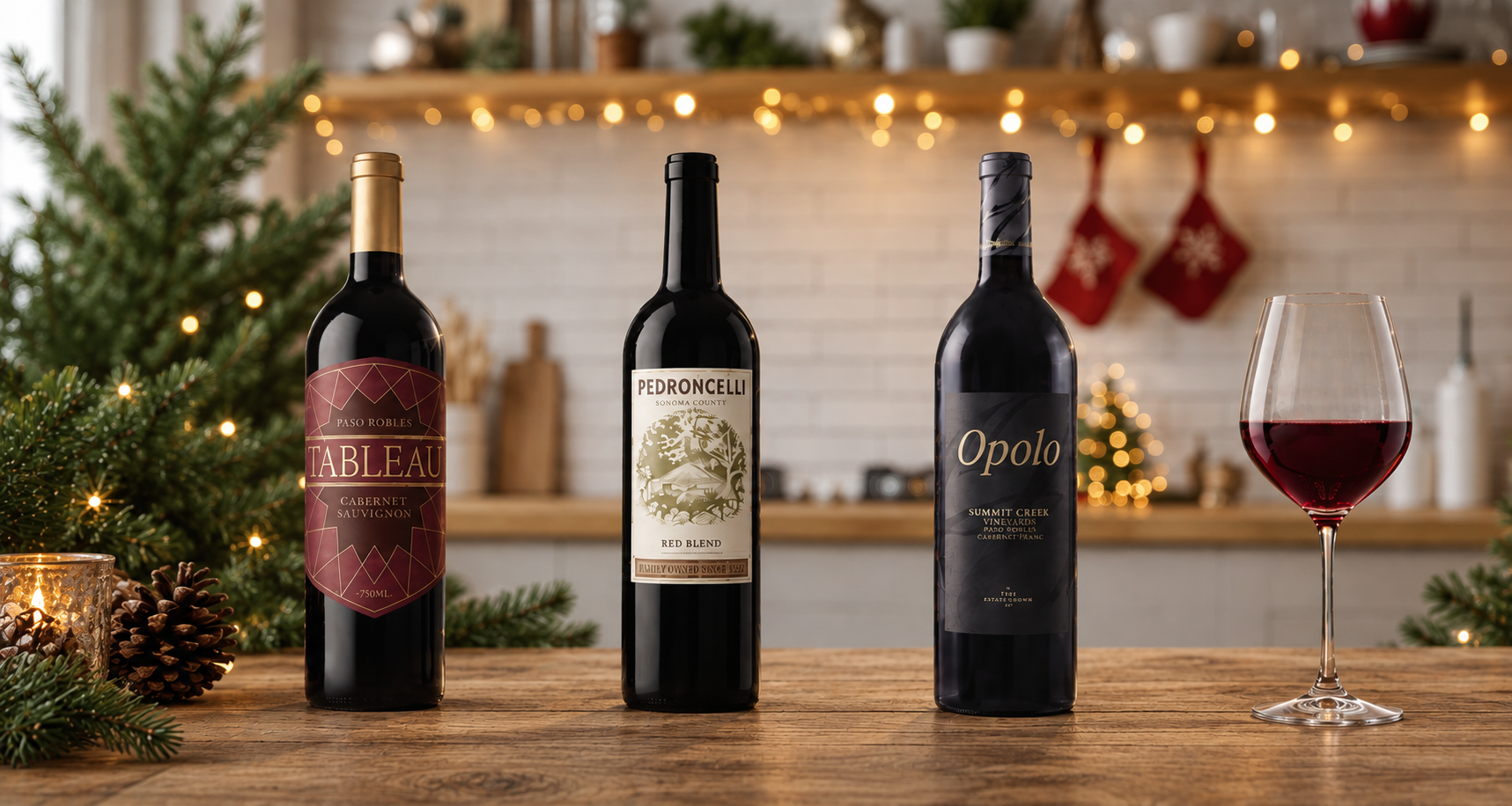 Three wine bottles on a table with festive decorations and a glass of wine.