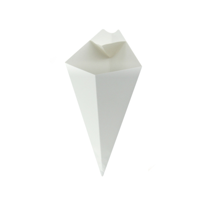 A white paper food cone with a sauce cup built into the tip