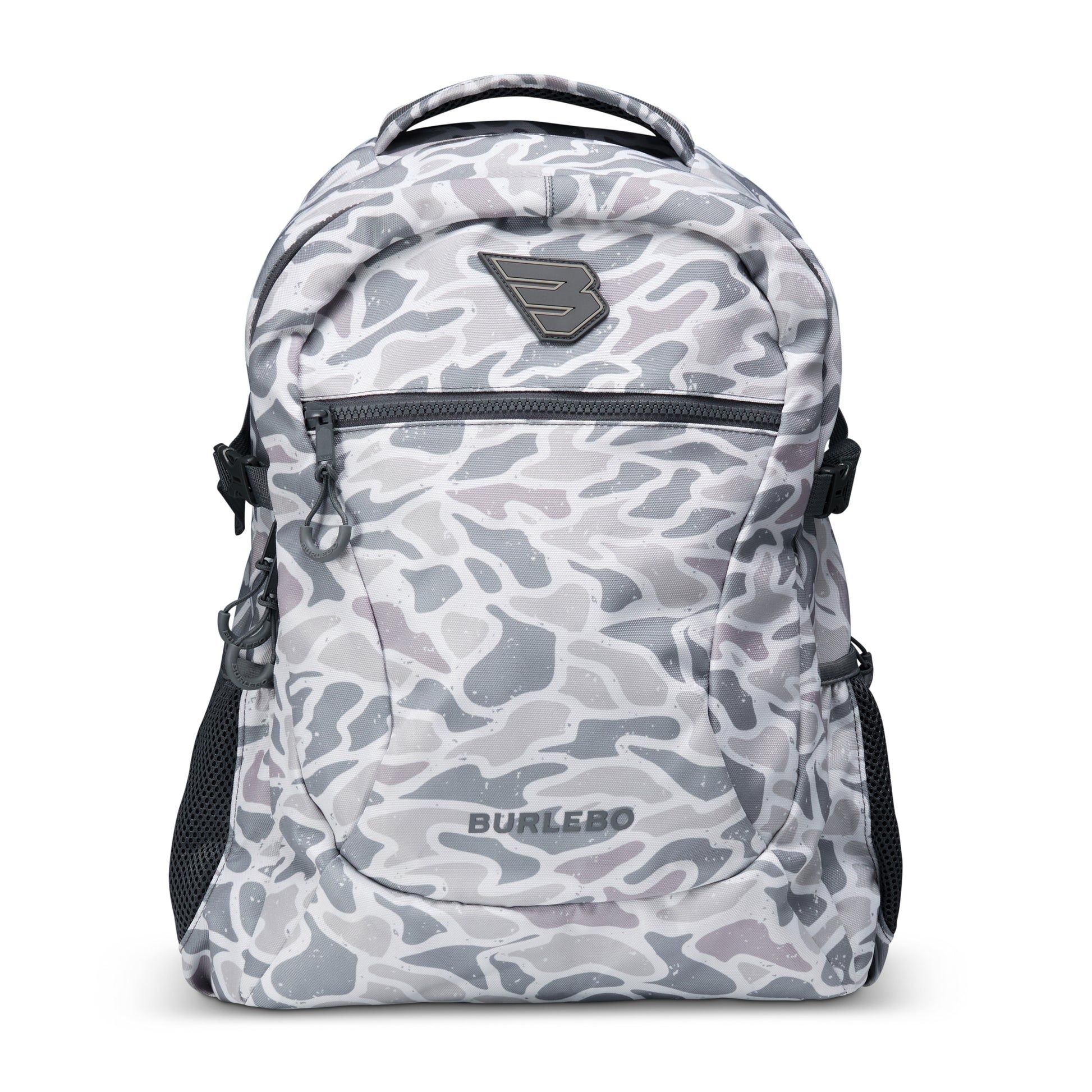 Gray camouflage backpack with multiple compartments and adjustable straps.