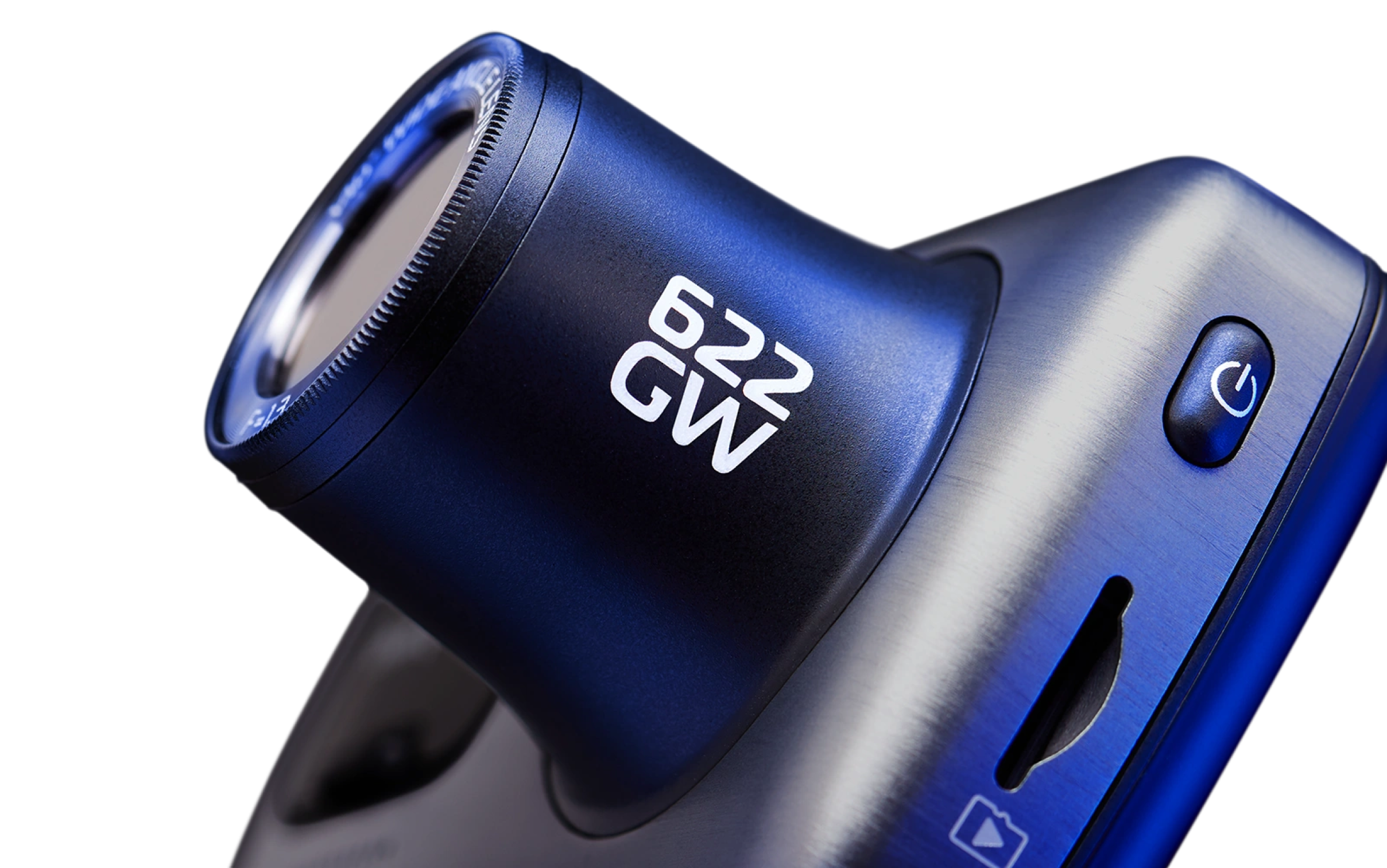 Nextbase 622GW dash cam close-up showing the camera lens, power button, and 622GW branding.