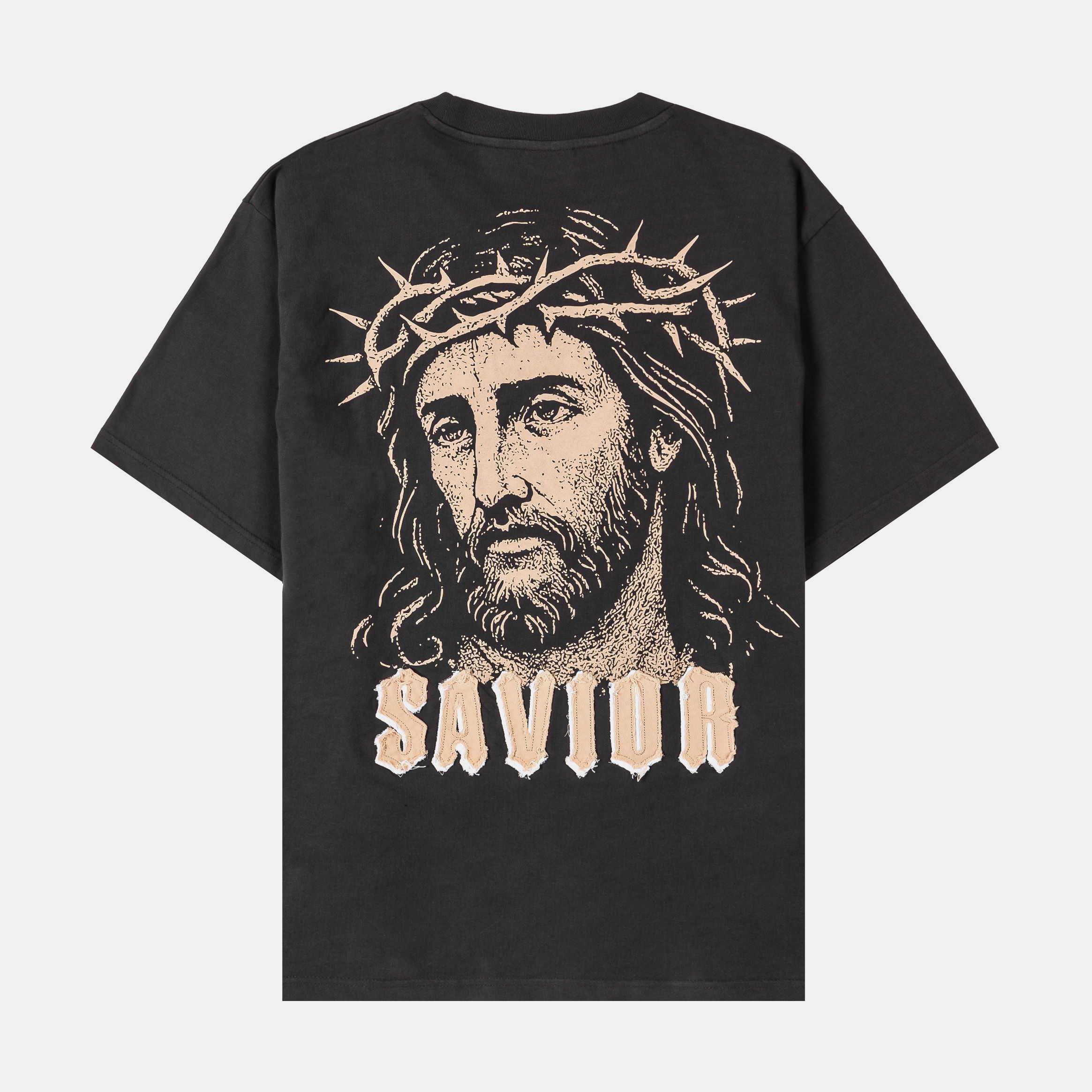 Black t-shirt with graphic designs on the front.