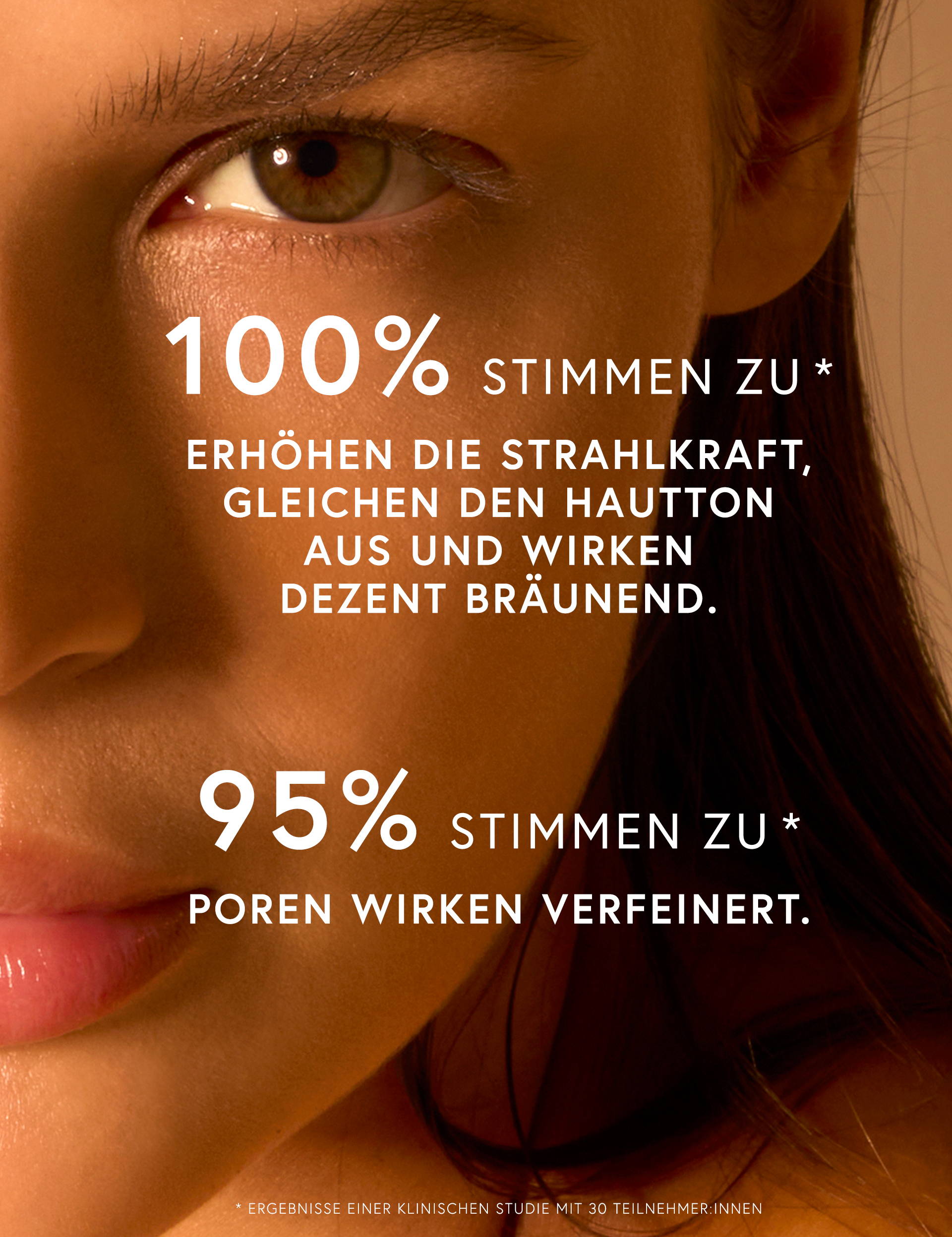 Close-up of a woman's face with text about skincare product effectiveness.