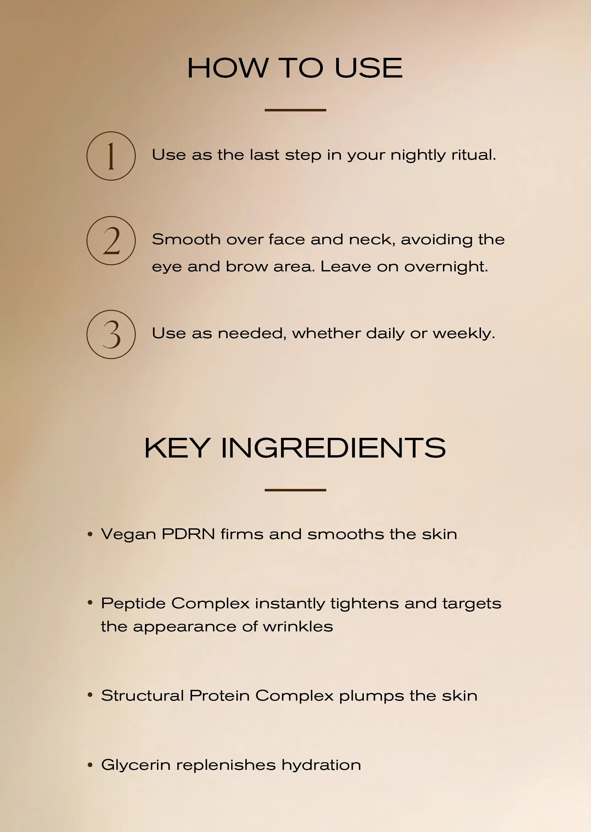 Memory gel sleep mask usage instructions and key ingredients for firming, smoothing, plumping, and hydration.