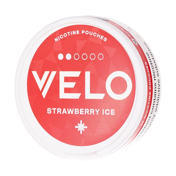 Container of VELO Strawberry Ice nicotine pouches.