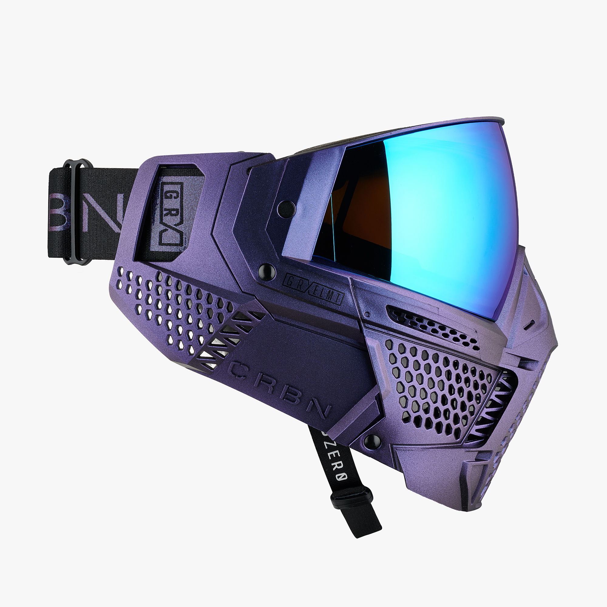 Paintball mask with a reflective lens and ventilation design.
