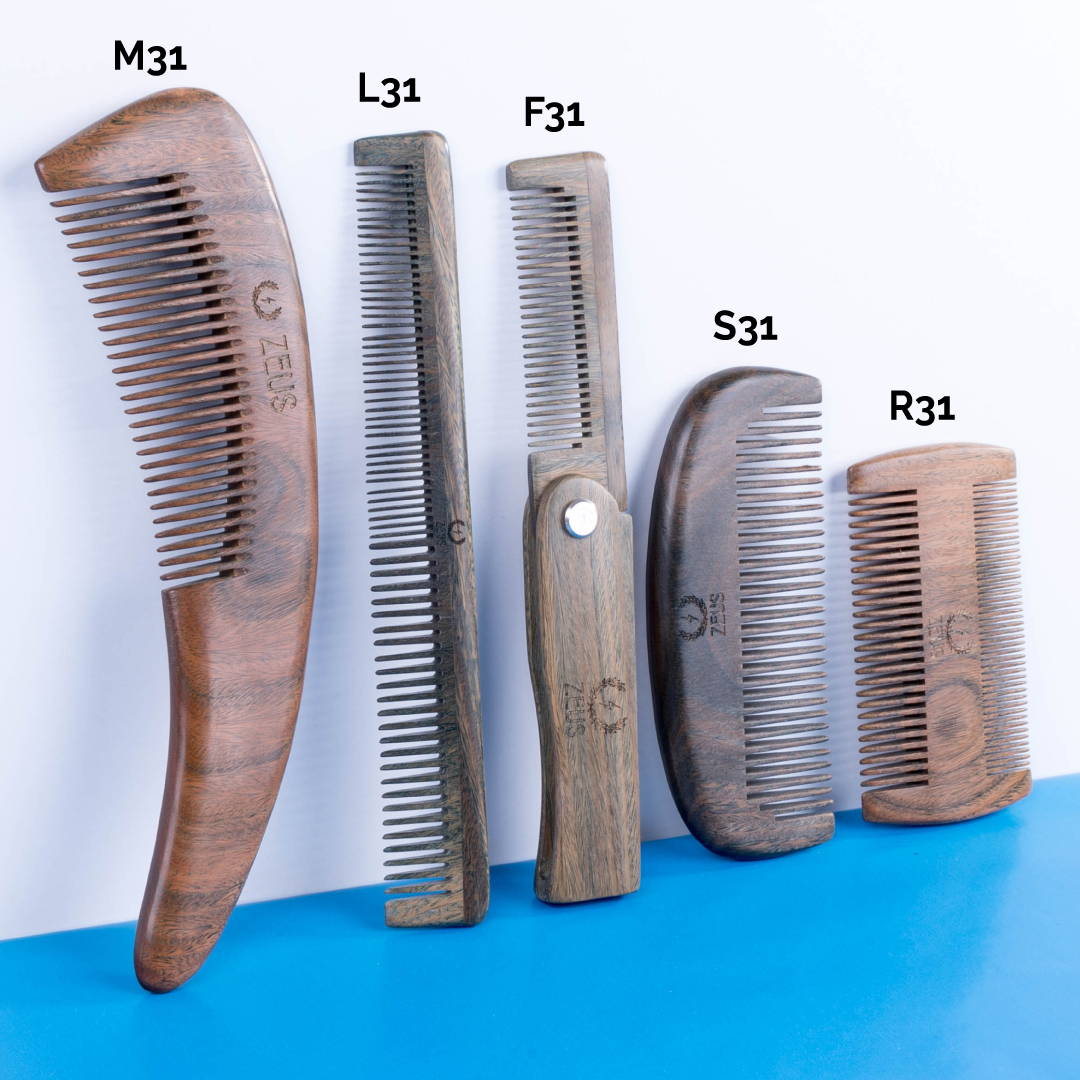 zeus sandalwood  beard combs in models M31, L31, F31, S31, and R31