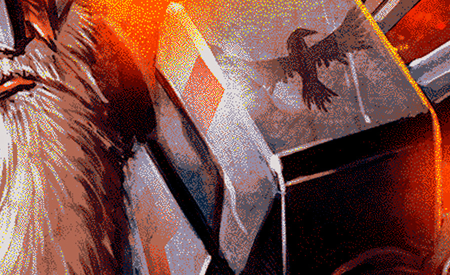 Close-up of index screen printed graphic showing high and low tonal variation using red, orange and black inks with visible pixelation and gradient shading